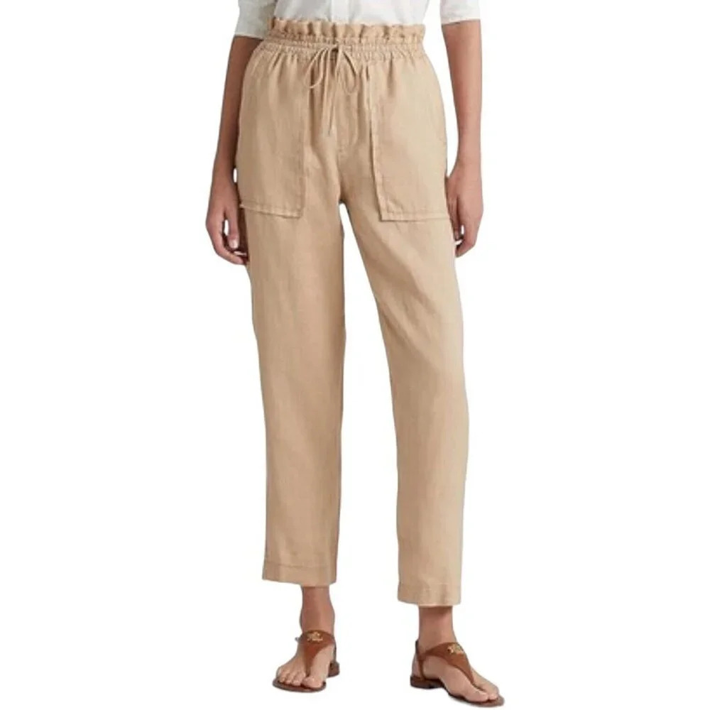 Lauren Ralph Lauren Linen Pants Size 14W Tan Drawstring Patch Pockets Ankle
